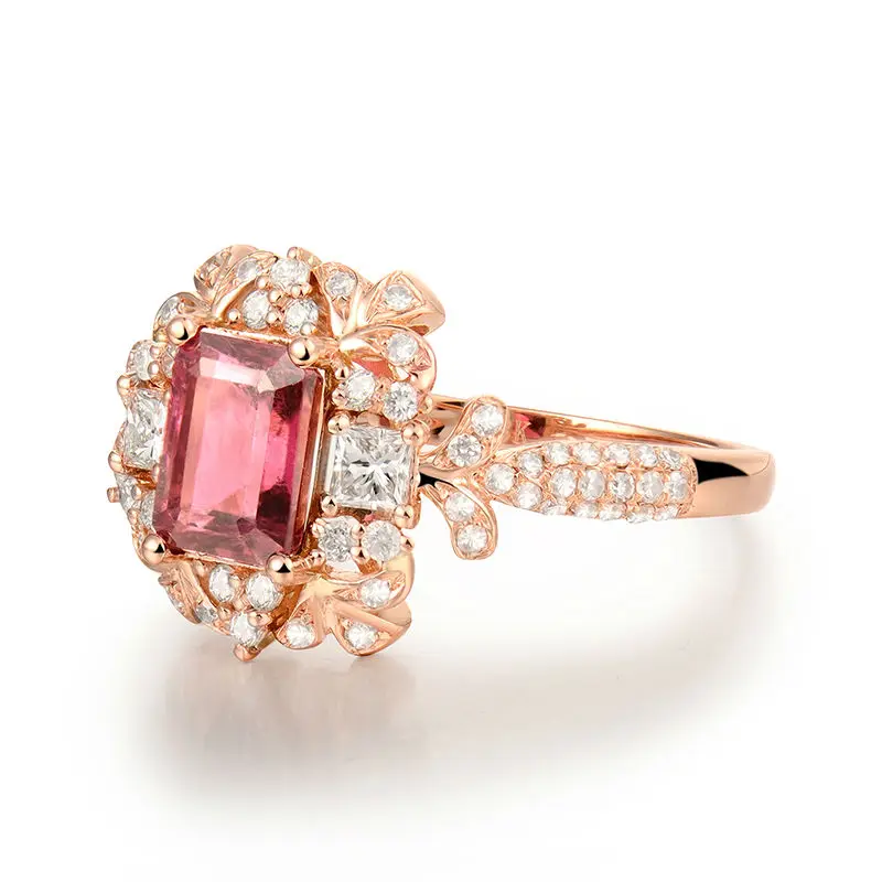 

LANMI Flower Shape Diamond Ring Emerald Cut 5X7mm 18K Rose Gold Natural Tourmaline Ring WU288