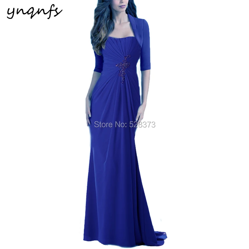 

YNQNFS Robe de Soiree Vestido Evening Party Royal Blue Mother of the Bride Jacket Dresses Long Groom Outfits Elegant 2019 MD298