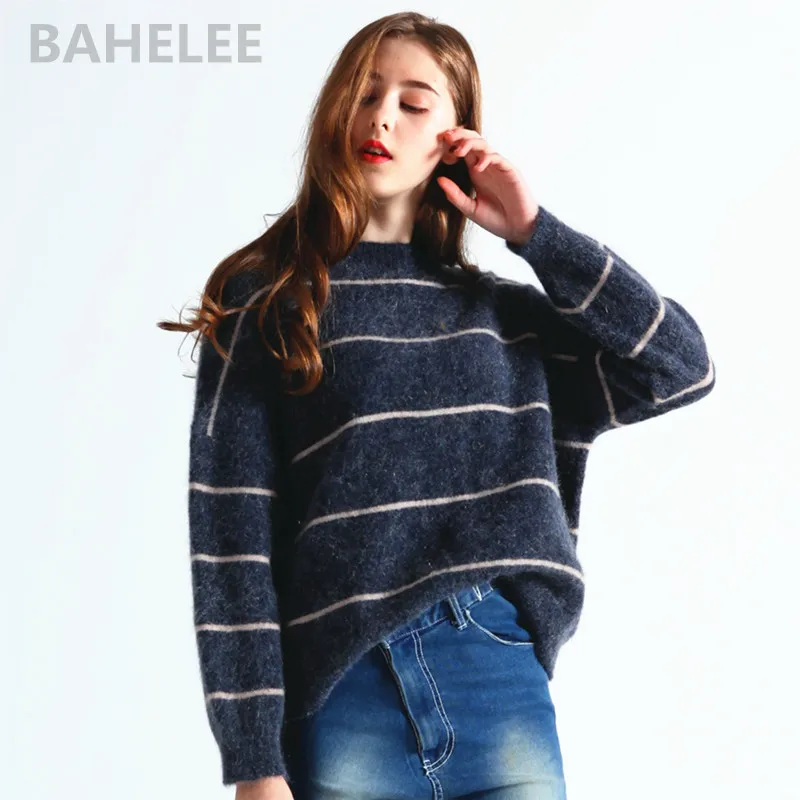 

BAHTLEE-Women's Mohair Wool Knitted Pullovers, O-Neck Sweater, Long Sleeves, Striped Pattern, Loose Style, Spring, Autumn