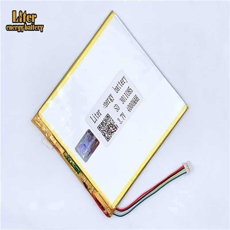 Batterie Lithium li-po Rechargeable, 1.0MM, connecteur 5 broches, 3.7v, 3011085, 4000mah, polymère, pour MP5, GPS, DVD, tablette PC, E-book