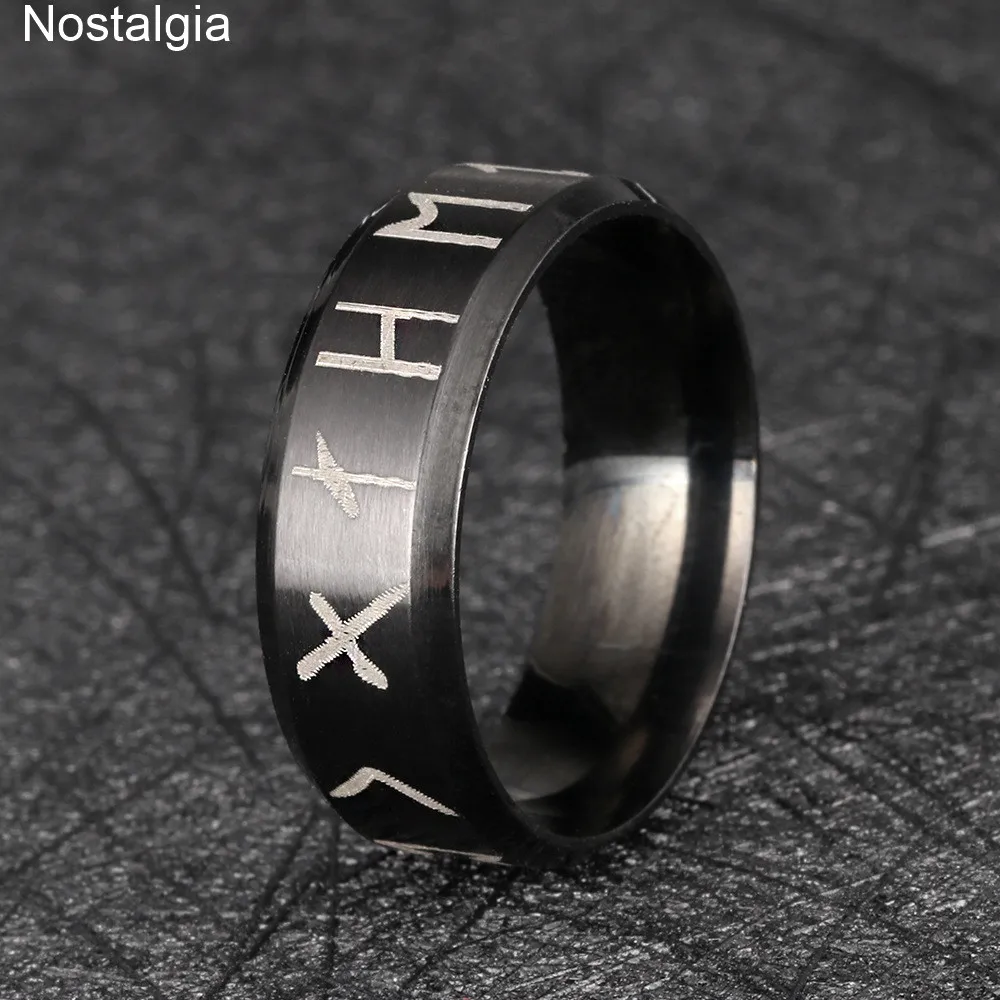 Nostalgia Stainless Steel Viking Runes Letter Gothique Black Ring Mens Nordic Rune Wicca Vintage Rings For Women