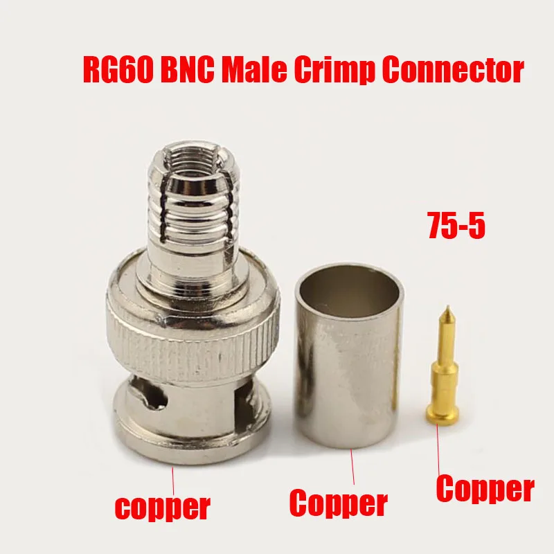 5pcs/lot Pure copper  RG60 BNC Connector male crimp plug for 75-5 RG60 coaxial cable, BNC Connector  3-piece crimp connector