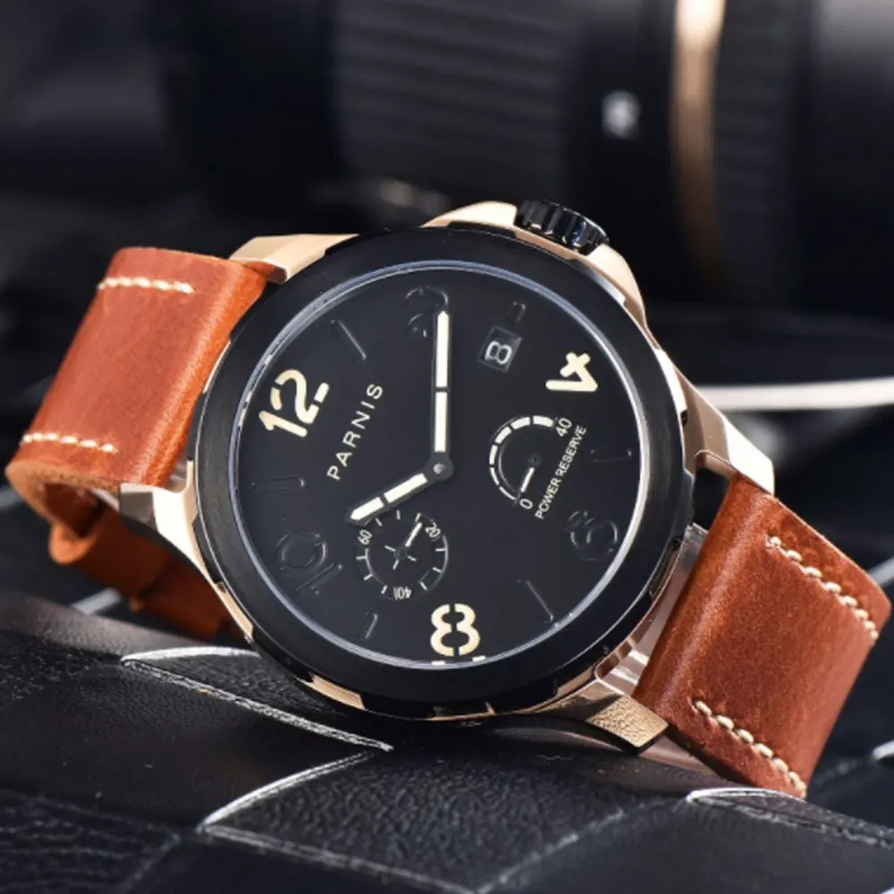 Luxuury 44mm Parnis Top Brand Automatic Men Menchanical Watches Luminous PVD Case Power Reserve Leather Strap