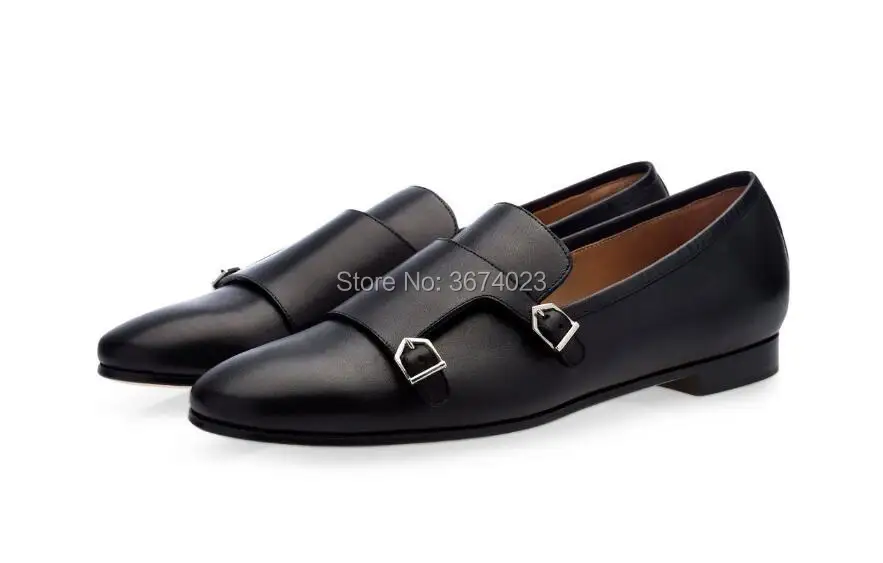 Qianruiti Men Moccasins Double-Monk Loafers Metal Buckle Strap Slippers Slip on Flats Casual Shoes Party Wedding Shoes