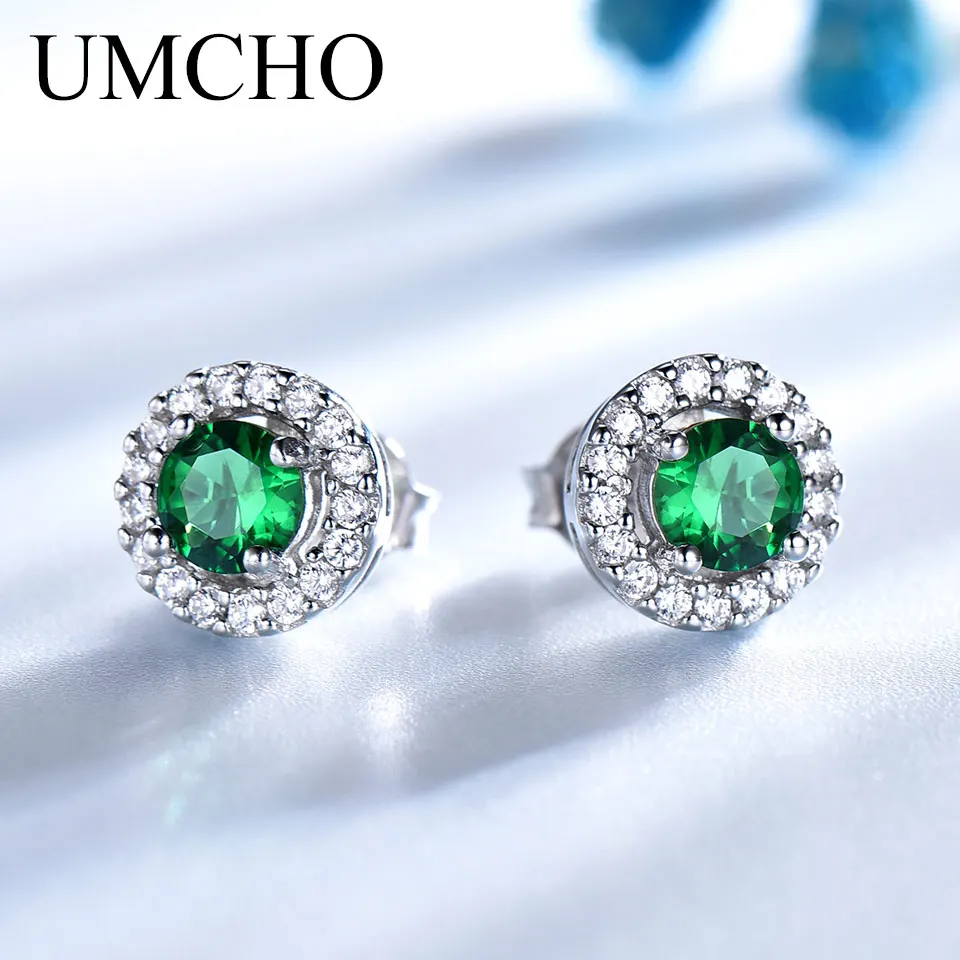 

UMCHO Real 925 Sterling Silver Jewelry Created Nano Emerald Round Stud Earrings Vintage Anniversary For Women Birthday Gifts