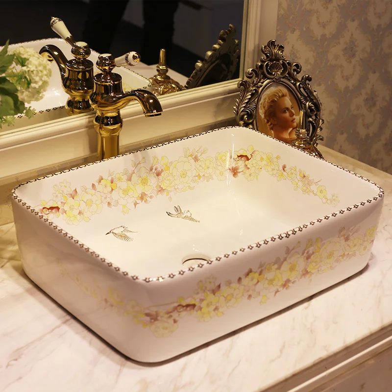 Rectangular Europe style china washbasin sink Jingdezhen Art Counter Top ceramic bathroom sink antique porcelain bathroom sink