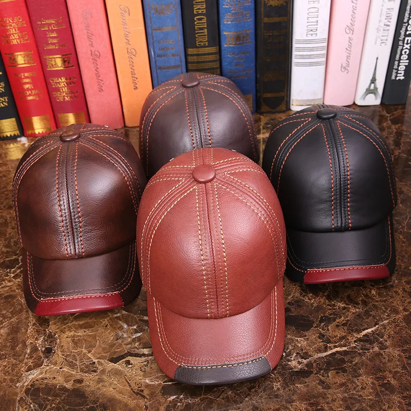 Adult Baseball Cap Male Winter Outdoor Hat Male 100% Genuine Leather Peaked Cap Men\'s Winter Warm Adjustable B-7286