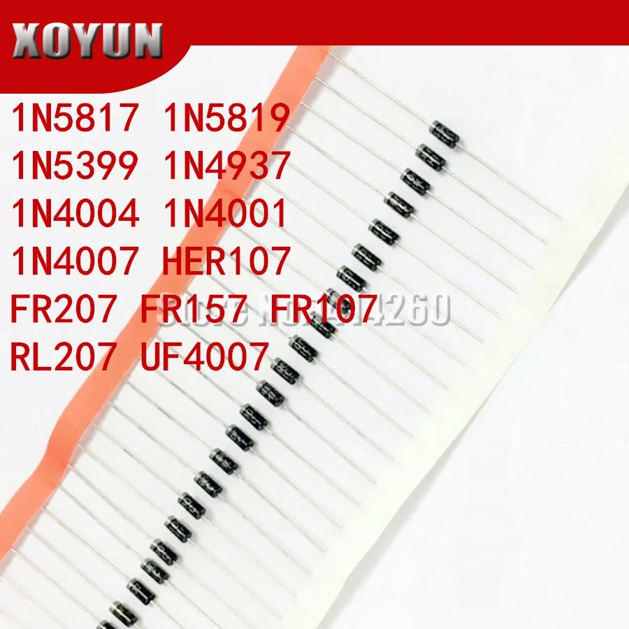 100PCS 1N5817 1N5819 1N5399 1N4937 1N4004 1N4001 1N4007 UF4007 HER107 FR207 FR157 FR107 RL207 DO-41  Schottky Rectifier Diode