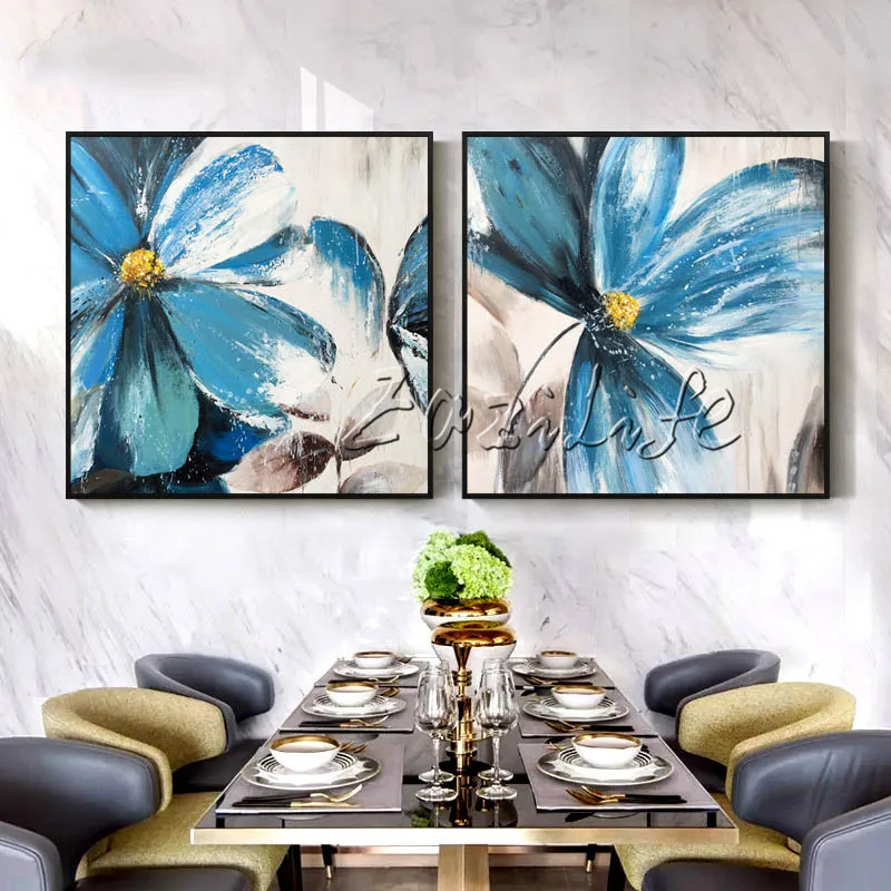 Blue Yellow Flower Hand Painted Oil Painting Canvas Painting Wall Pictures for Living Room Home Decor