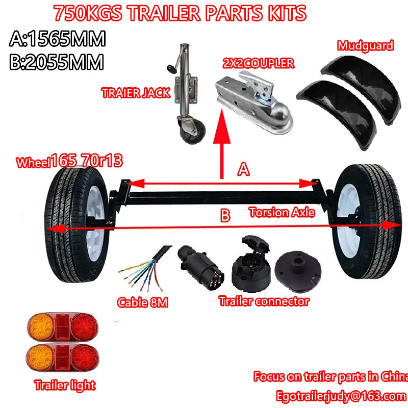 Ego-KITS de piezas de remolque de 750kg, piezas de remolque de eje de torsión, accesorios de remolque A = 1565MM B:2055MM