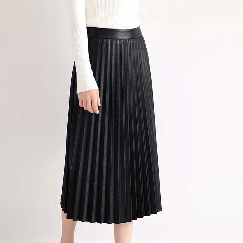 Ropa De Mujer 2023 Elegant Fashion Women Full-length Genuine Leather 75cm Long Pleated Skirt Lady Nappa Street Black Jupe Faldas