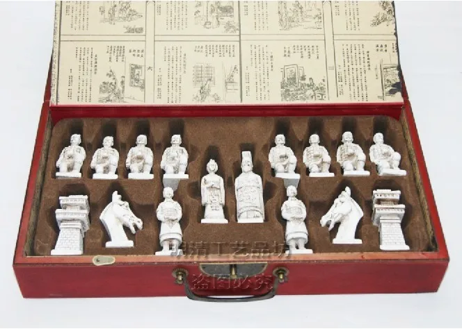 (32 Pieces) Elaborate Chinese Classical Wooden Manual Terracotta Warriors Chess  , With Red Wood Box (Big Size)