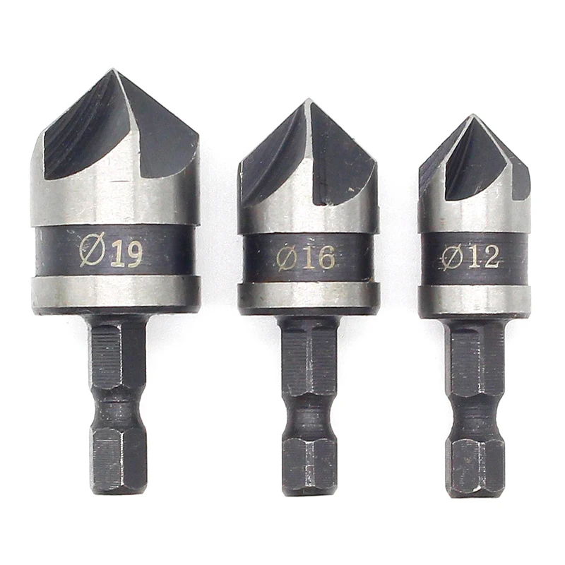 3Pcs/set New 90 Degree 1/4 Hex Shank Drill Bit 5 Flute 12-19mm Woodworking Chamfer Counter Sink Chamfering Debur Countersink