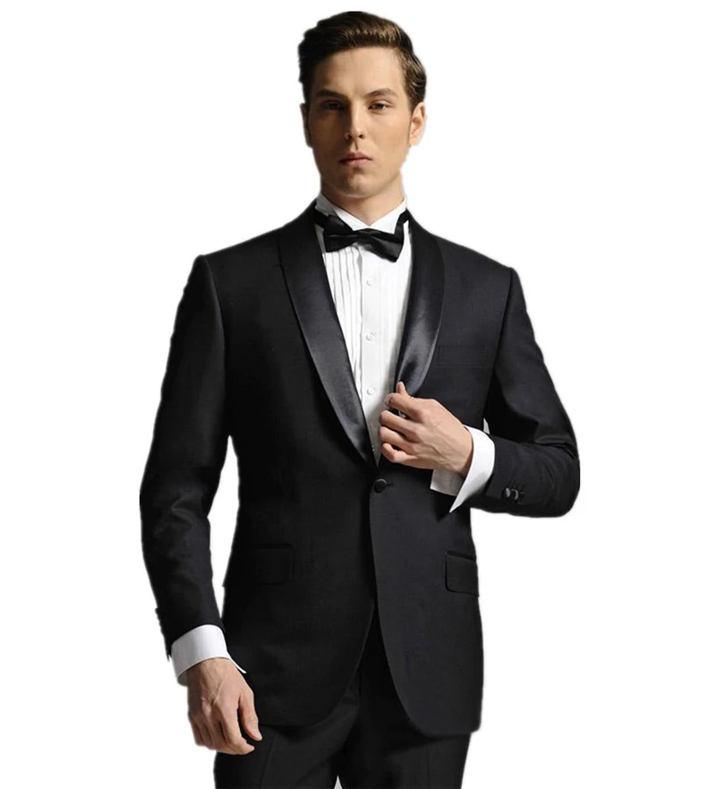 

New Arrival Mens Suits Groomsmen Shawl Satin Lapel Groom Tuxedos Black Wedding Best Man Suit (Jacket+Pants+Bow Tie) B643