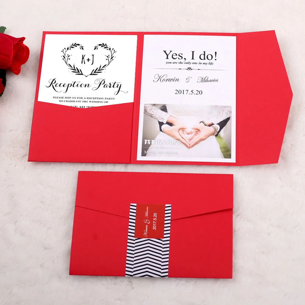 Pocket Wedding Invitations, Unique Invitation Cards, Red Wedding Invites With Customized Wording - Set of 50 pcs