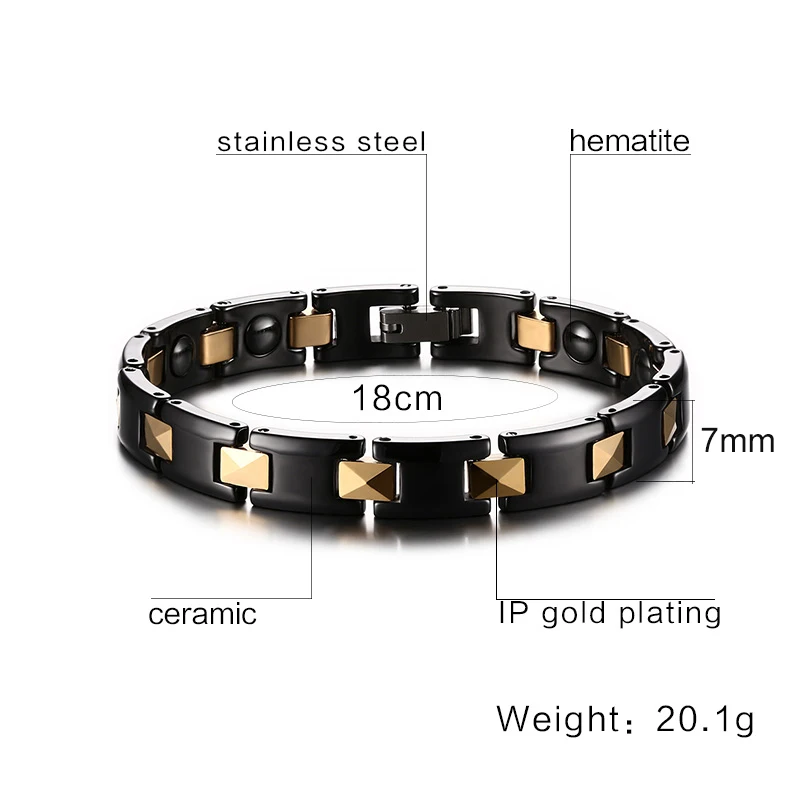 Vinterly Chain Bracelet Black Gold Color 7mm Ceramic Health Energy Magnetic Hematite Bracelets for Women Friendship Jewelry