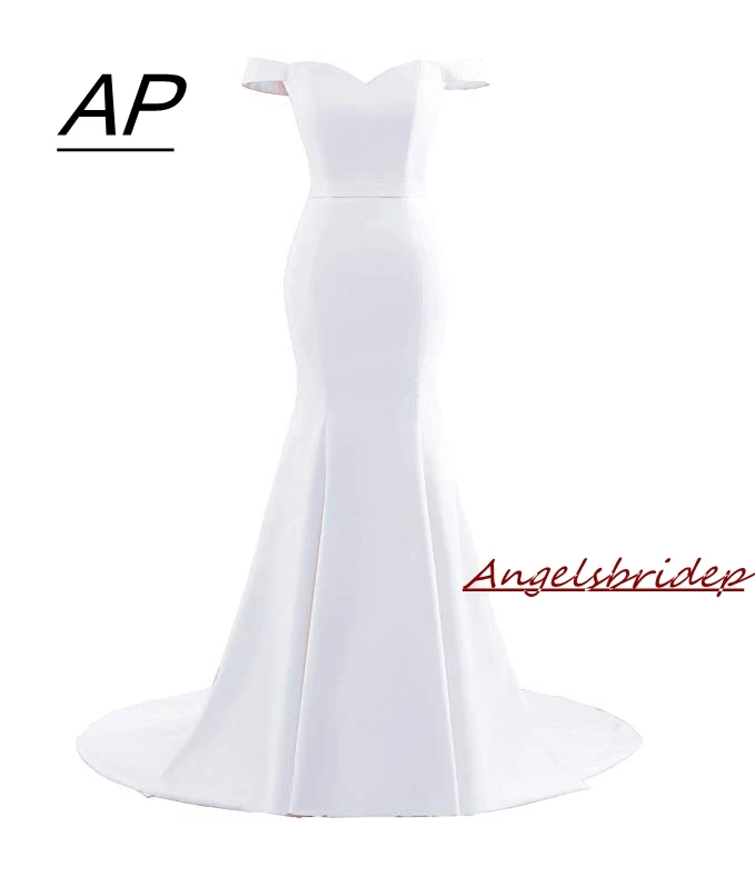 ANGELSBRIDEP ซาตินชุดเดรสเมอร์เมดแขนสั้น Court รถไฟ Vestidos De Novia อย่างเป็นทางการ Sash เจ้าสาว Gowns Custom Made