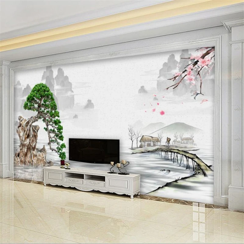 

wellyu New Chinese Ink Landscape Pine Tree TV Wall Custom Large Mural Green Wallpaper papel de parede para quarto