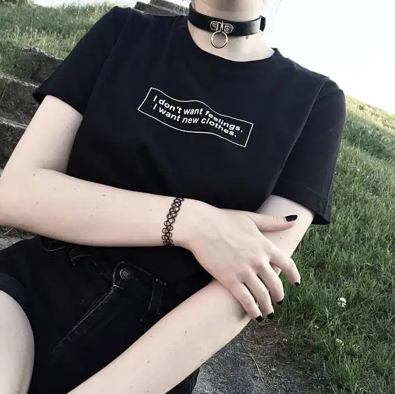 Skuggnas I Don't Want Feelings I Want New Clothes T-Shirt Hipster Girl Tumblr Graphic Tee Shirt grunge aesthetic harajuku tops