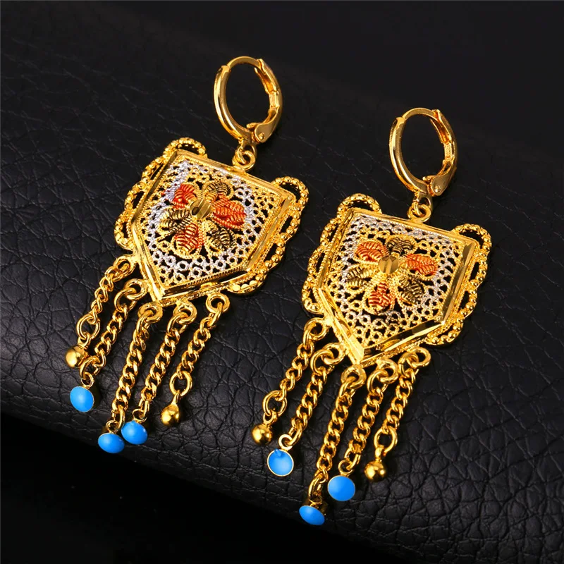 U7 Wedding Accessories Tassels Long Necklace Set Gold Color Trendy Party Long Earrings Indian Jewelry Set For Women S631