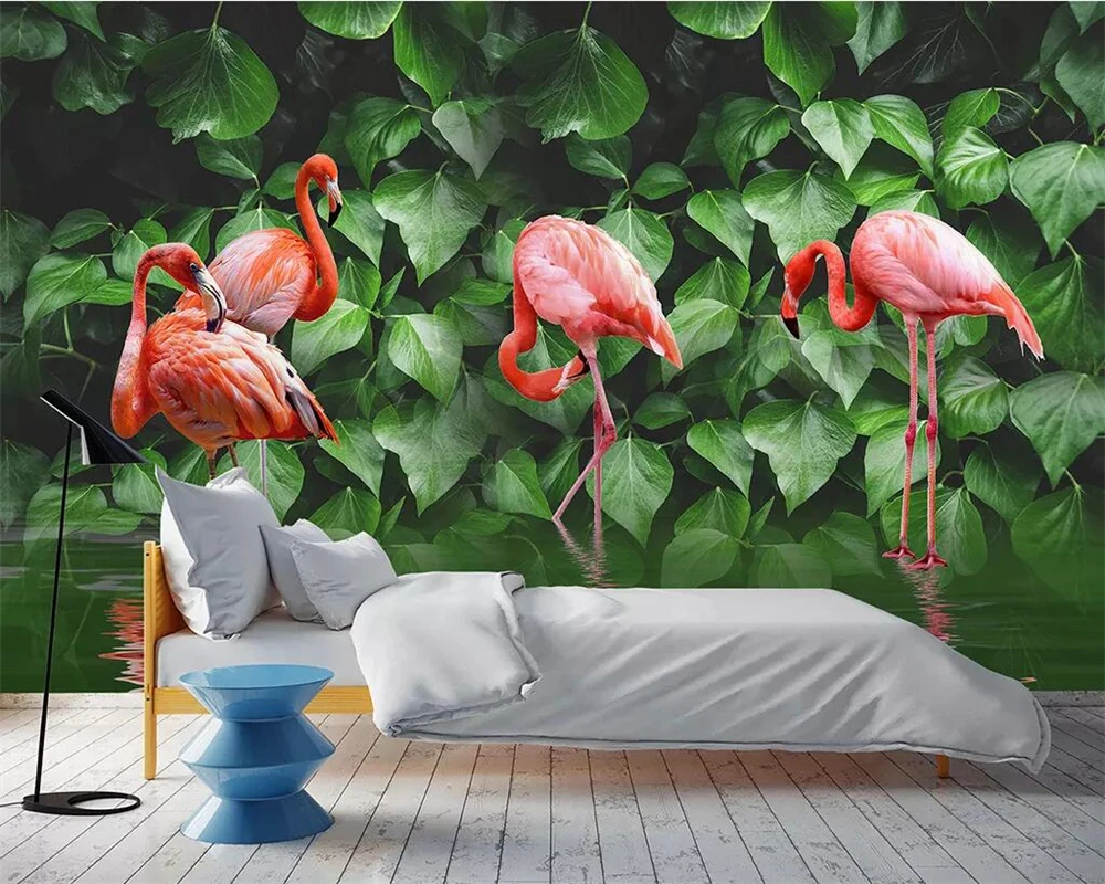 

Beibehang Wallpaper hand drawn tropical rainforest plant flamingo TV living room bedroom background wall decoration 3d wallpaper