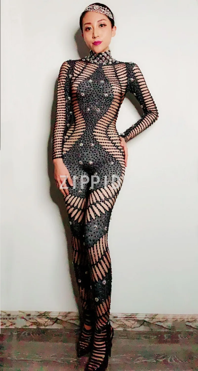 Moda Strass Preto Longo Festa Mangas Jumpsuit das Mulheres Bodysuit Spandex Roupa Cantora Dança Desgaste da Noite do Sexo Feminino