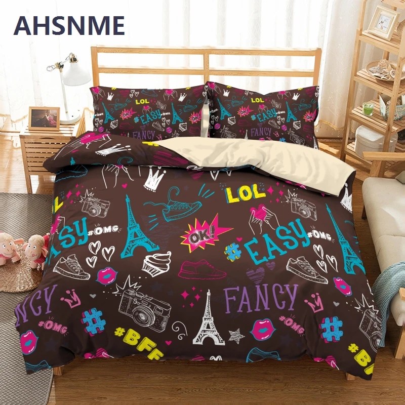 AHSNME Children Cute Quilt Cover Tower Bedding Set Soft Bedroom Parure de Lit King Queen Size Sinlge Bedlinen