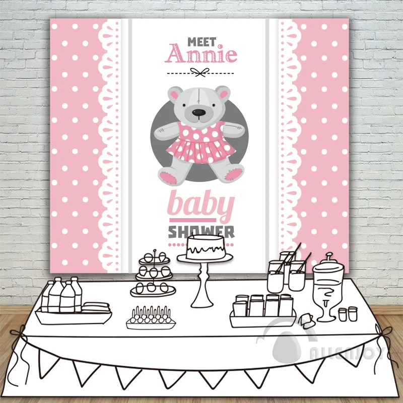 สาววันเกิดทารกอาบน้ำตุ๊กตาหมีแบนเนอร์ฉากหลังเชิญฉลองงานปาร์ตี้สีชมพูพื้นหลังวงกลมสีขาว Allenjoy