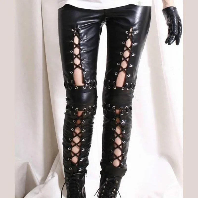 New Sexy Woman Black Faux Leather Gothic Punk Pants Wetlook Bandage Leggings