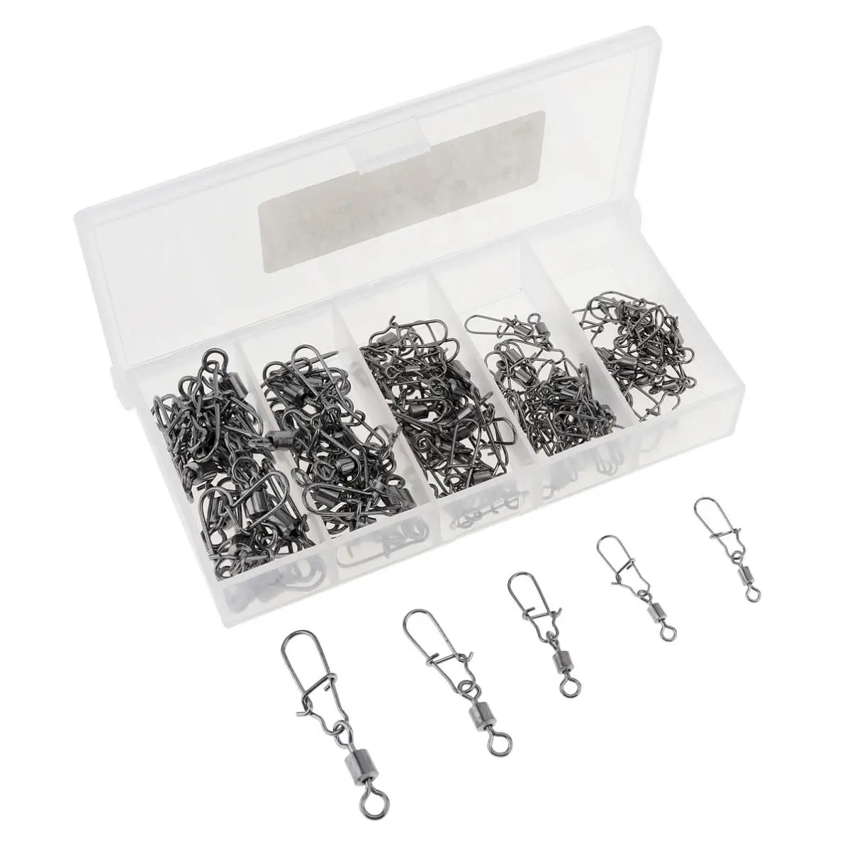 96pcs/lot 2# 3# 4# 6# 8# 10# Fishing Connector Bearing Rolling Swivel 8 Ring with Enhanced Pin and Lure Plastic Box