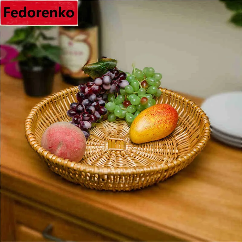

Natural wicker storage tray handmade weaving dry fruit & bread table container rattan basket for kitchen household round crafts