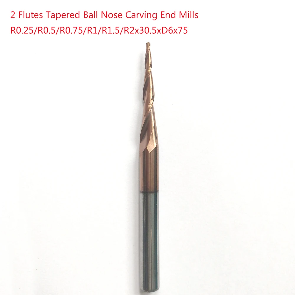 

1pc R0.25/R0.5/R0.75/R1/R1.5/R2*D6*30.5*75L*2F HRC55 solid carbide Tapered Ball Nose Carving End Mills CNC milling cutters knife