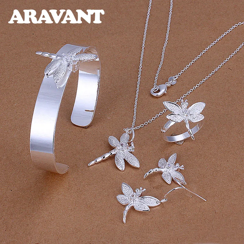 

New Fashion 925 Silver Jewelry Set Dragonfly Pendant Necklace Chain Earring Ring Open Cuff Bracelet For Women Fashion Jewelry