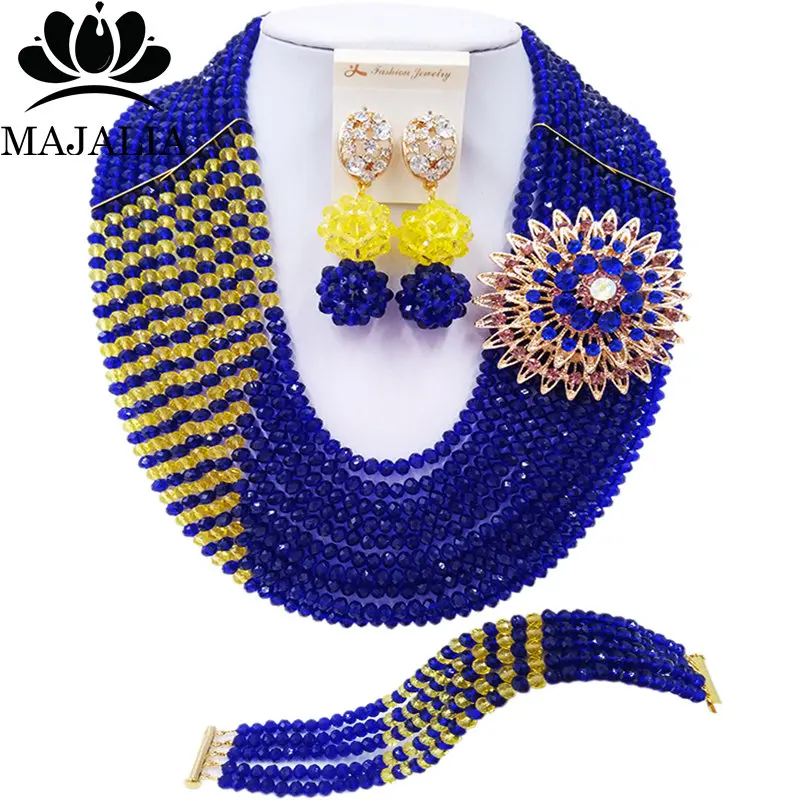 

Majalia blue and yellow Fashion Women African Beads Necklaces Nigerian Wedding Set Bridal Party Jewelry Sets CX-028