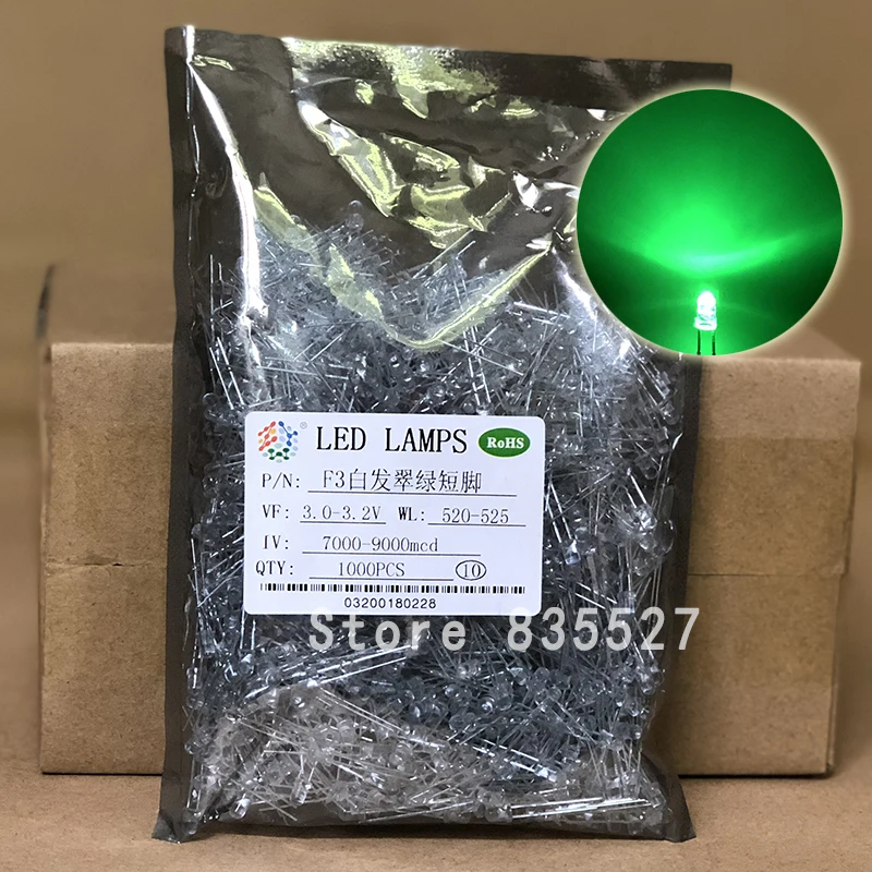 1000PCS/LOT 3MM F3 round head water clear emerald green super bright LED light emitting diode lamp beads for DIY lights DIP