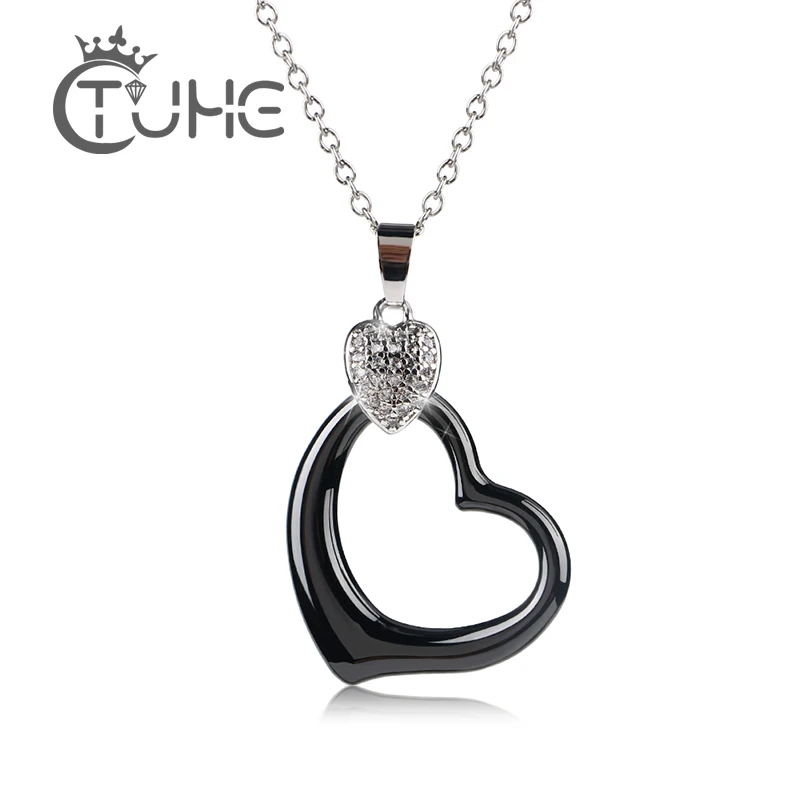 Classic Heart Women Pendant Necklace With Bling CZ Crystal Heart Shape Never Fade Black Ceramic Heart Necklace For Women Gift