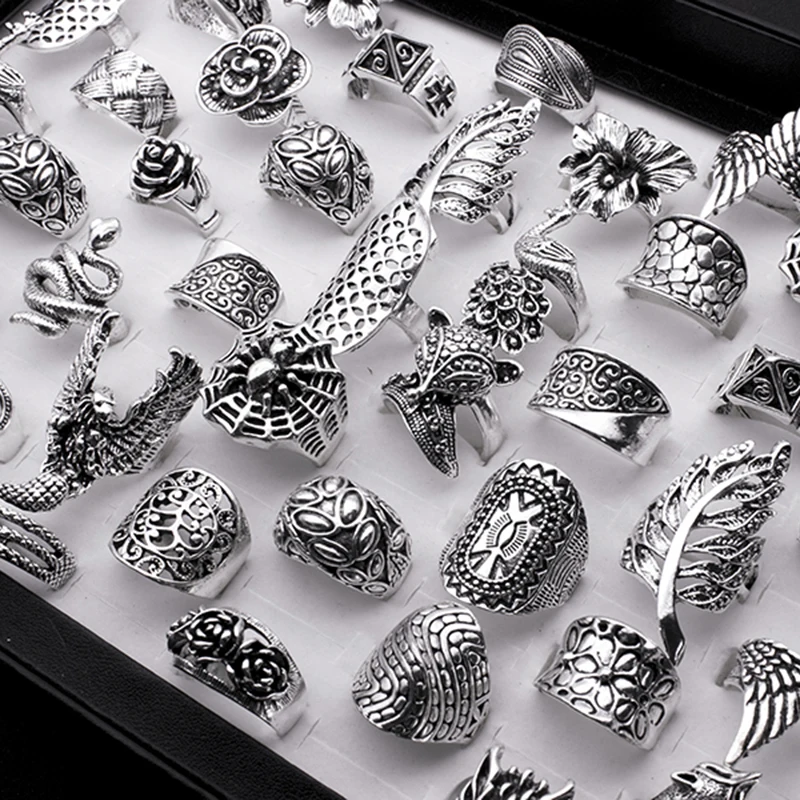 25pcs/lot Mixed Styles Bohemia Animal Rings for Women New Arrival Ancient Silver Plated Hollow Vintage Rings Party Gift