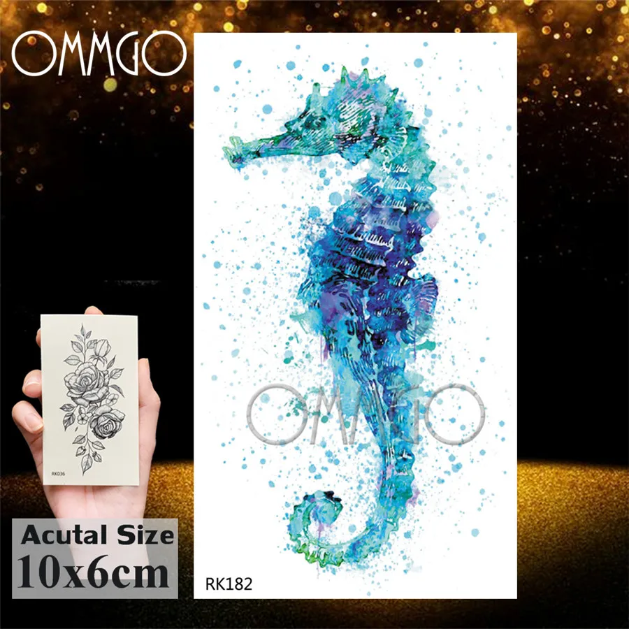 OMMGO Seahorse Dolphin Ocean Temporary Tattoos Sticker Watercolor Fake Tattoo Flash Custom Tatoo For Children Women Body Art Arm