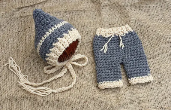 

free shipping,cute crochet baby blue elves hat with matching pants baby sets newborn photography props 100% cotton