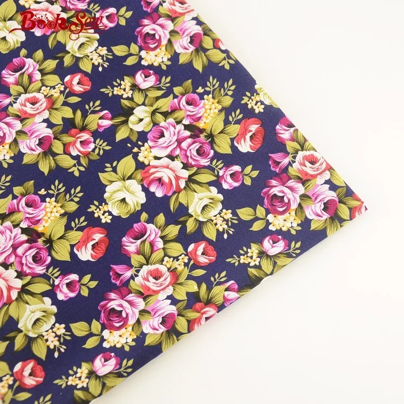 Booksew 100% Cotton Poplin Fabric Rose Design Home Textile Dark Blue Soft Quilting Cloth  For Dress Clothing Craft Tildas Shirt