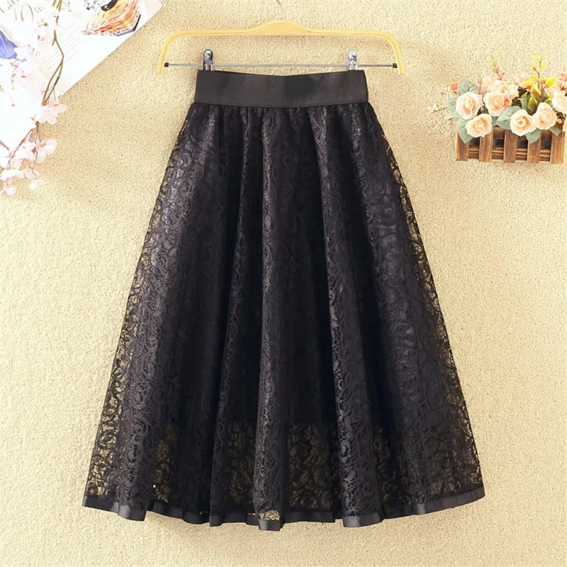 Sanishroly Autumn Women Midi Long A-Line Skirt Hollow Out Lace Skirts Female Short Mini Skirt High Waist Ball Gown Skirt SE667