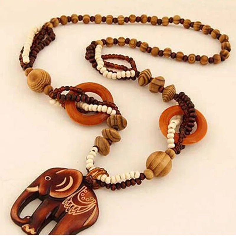 KUNIU 2023 Boho Jewelry Ethnic Style Long Hand Made Bead Wood Elephant Pendant Necklace for Women Price Decent women's neck