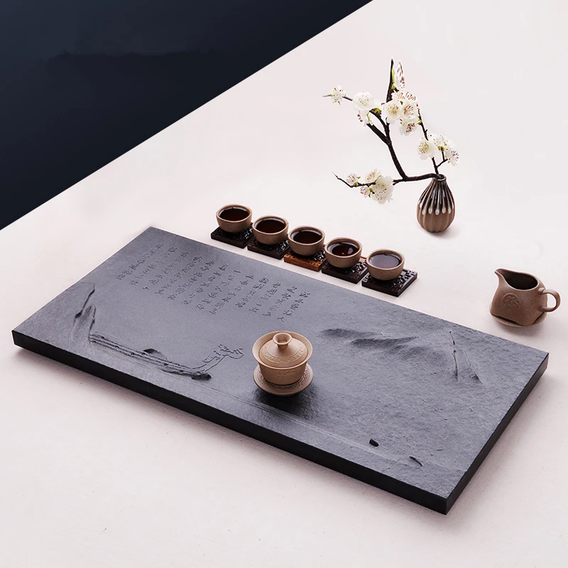 weighted tea tray black stone tea table handmade carved serving tray mountain relief large tea boat water draining pipe ball