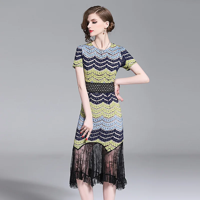 2023 summer new lace stitching short-sleeved fishtail Dress temperament slim bag hip sheath dress Striped patchwork Dresses