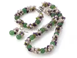 Nice Chunky Natural Freshwater Pearl Aventurine Stone Necklace Earrings Bracelet Set for Women