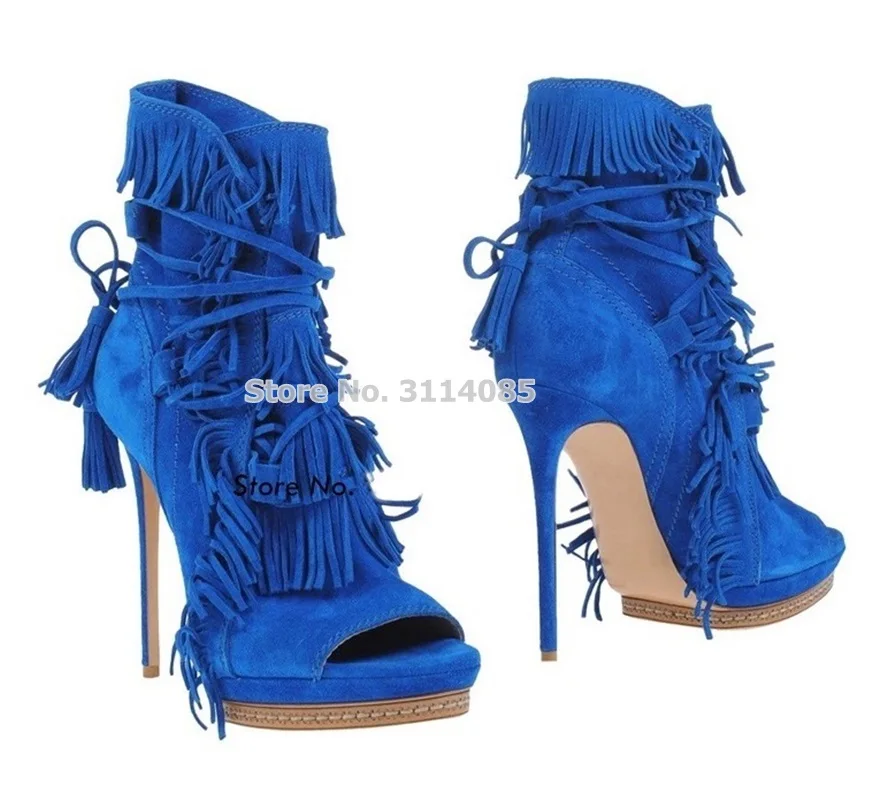 

New Arrival Blue Yellow Suede Fringe Sandals Stiletto Heels Lace-up Tassel Gladiator Sandal Shoes Open Toe Party Shoes Size 43