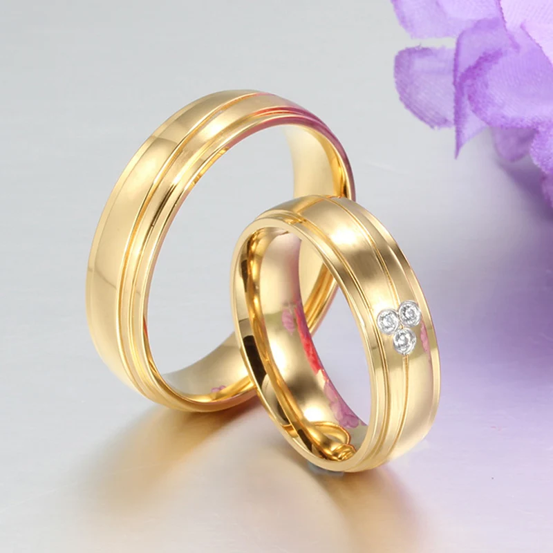 Vnox 2pcs/lots Couple Ring 316l Stainless Steel Engagement Wedding Jewelry Gold-color for Love