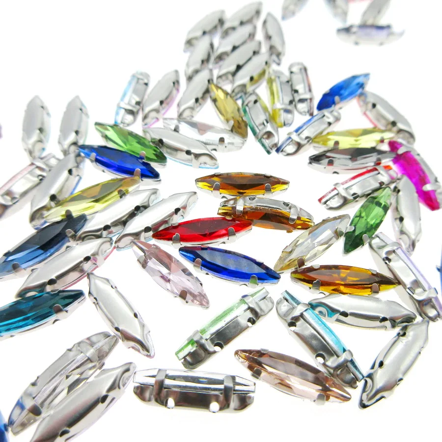 Colorful glass Crystal strass Silver claw 4*15mm narrow Leaf Horse eye Navette shape Sew on rhinestone garment bags applique diy