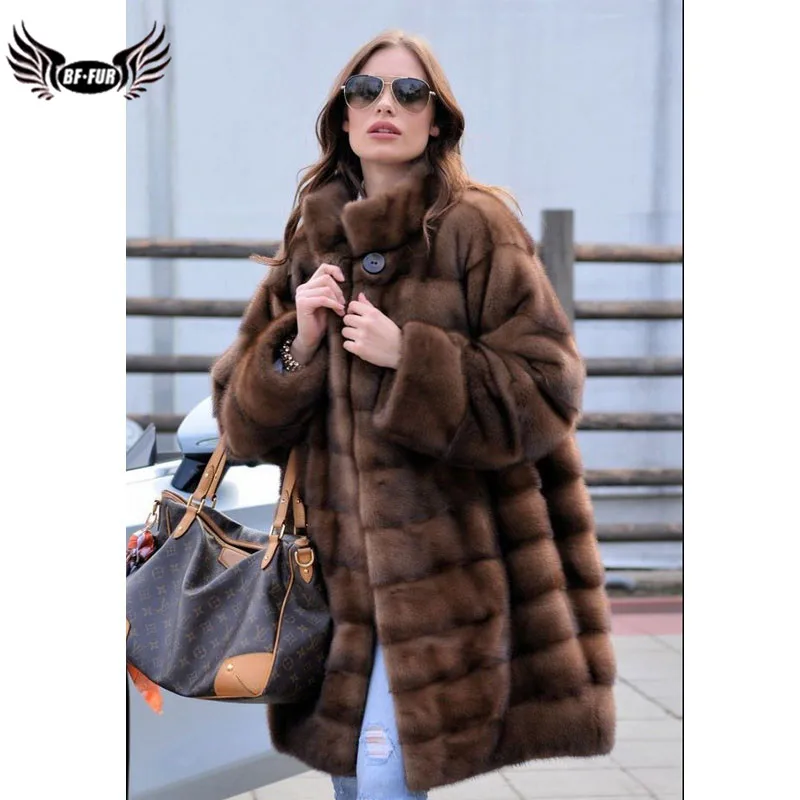 BFFUR Long Coffee Real Mink Fur Coats Stand Collar High Quality Natural Whole Skin Mink Fur Coat Genuine Woman Winter Overcoats