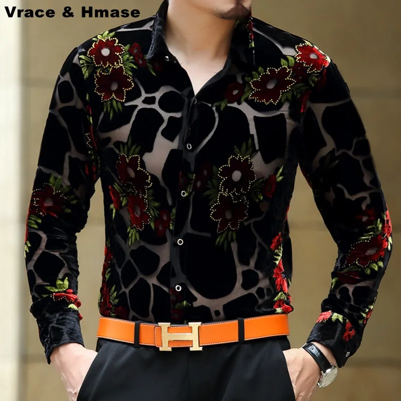 High-End Silk Floral Shirts For Men Long Sleeved Hollow Casual Summer Top Quality Soft Comfortable Transparent Camisas De Hombre